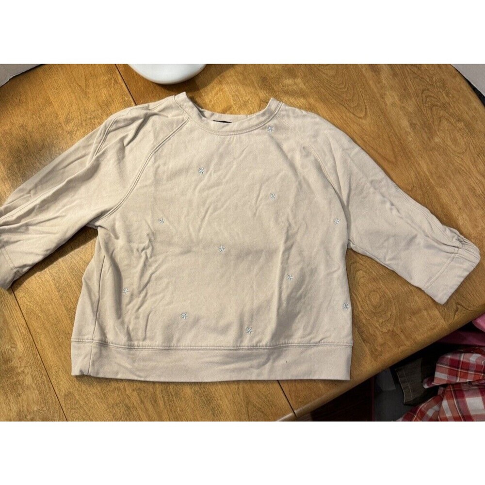WILLIAM B Cream Embroidered Silver Stars Sweater shirt puffed sleeve Womens Sz M